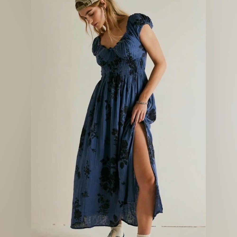 Free People Forget me not Maxi in Oceana Blue Floral with ruched ruched bodice